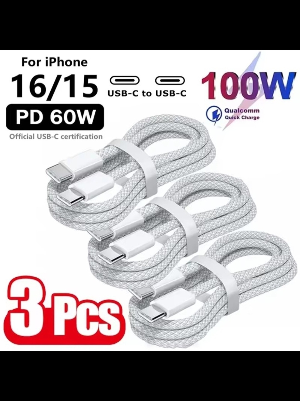 3-Pack White Braided USB-C to USB-C Fast Charging Cables - 60W PD